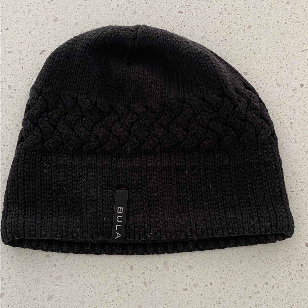 BULA Black Knit Beanie chunky knit cable fleece band over ears
